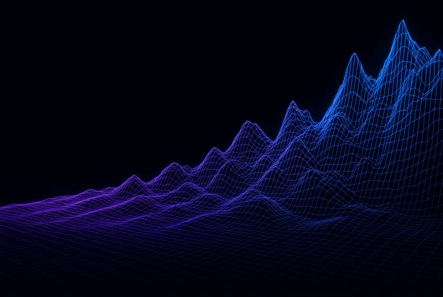 Wireframe terrain mesh rising like an ascending chart